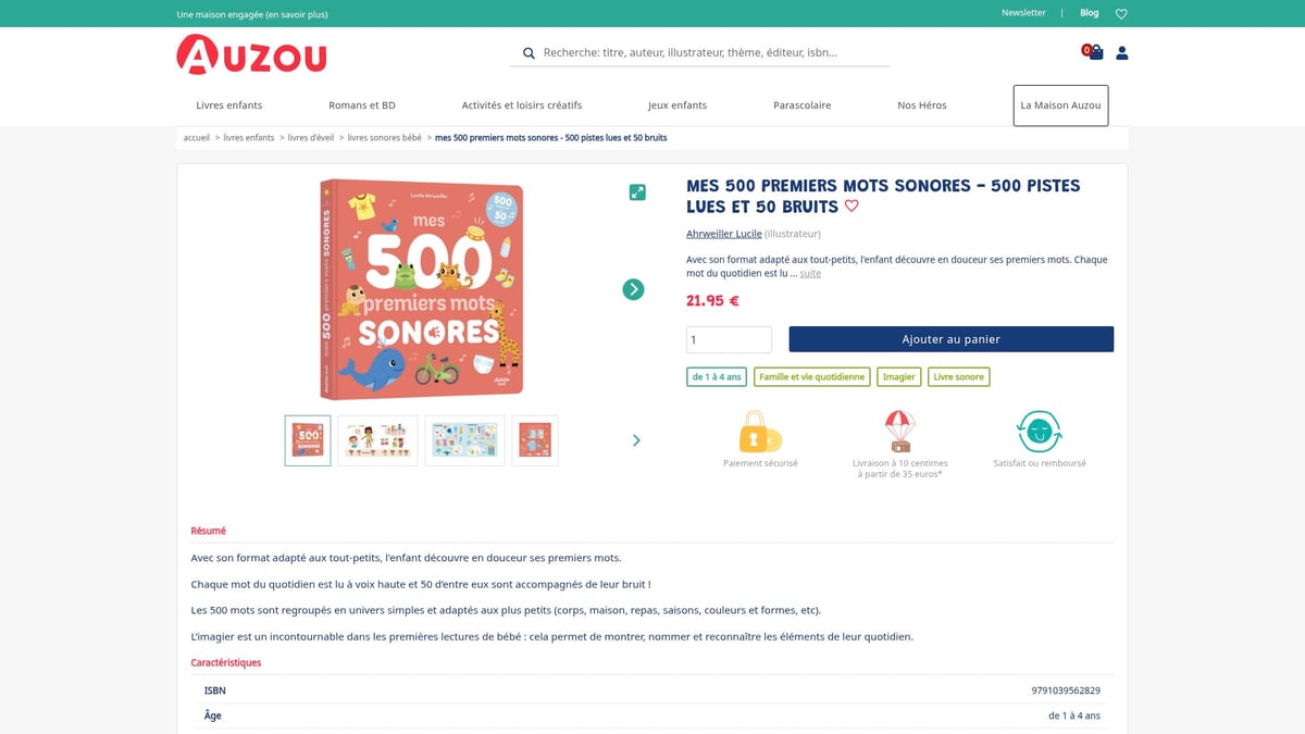 7 Idées De Livre Sonore Incontournables Pour 2025 - Mes 500 premiers mots sonores - 500 pistes lues et 50 bruits (Auzou) – 21,95€