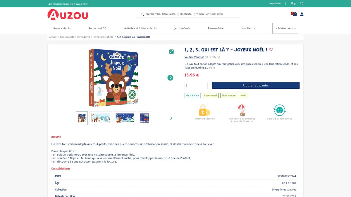 7 Idées De Livre Sonore Incontournables Pour 2025 - 1, 2, 3, qui est là ? - Joyeux Noël ! (Auzou) – 13,95€