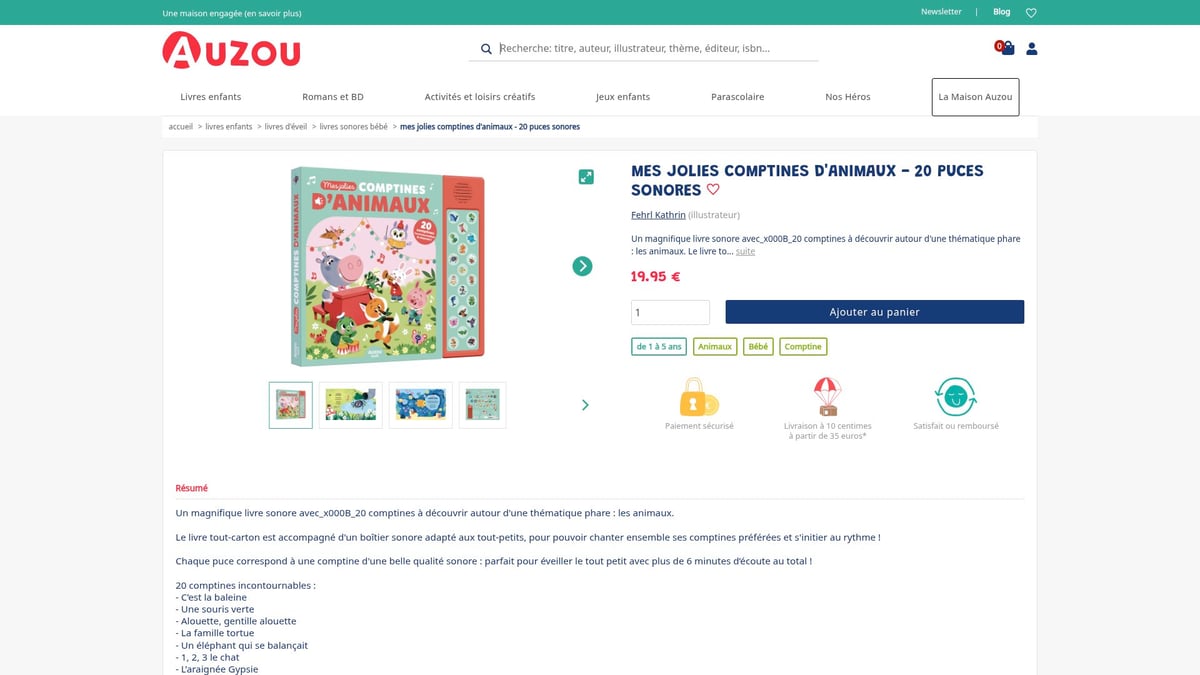7 Idées De Livre Sonore Incontournables Pour 2025 - Mes jolies comptines d’animaux - 20 puces sonores (Auzou) – 19,95€