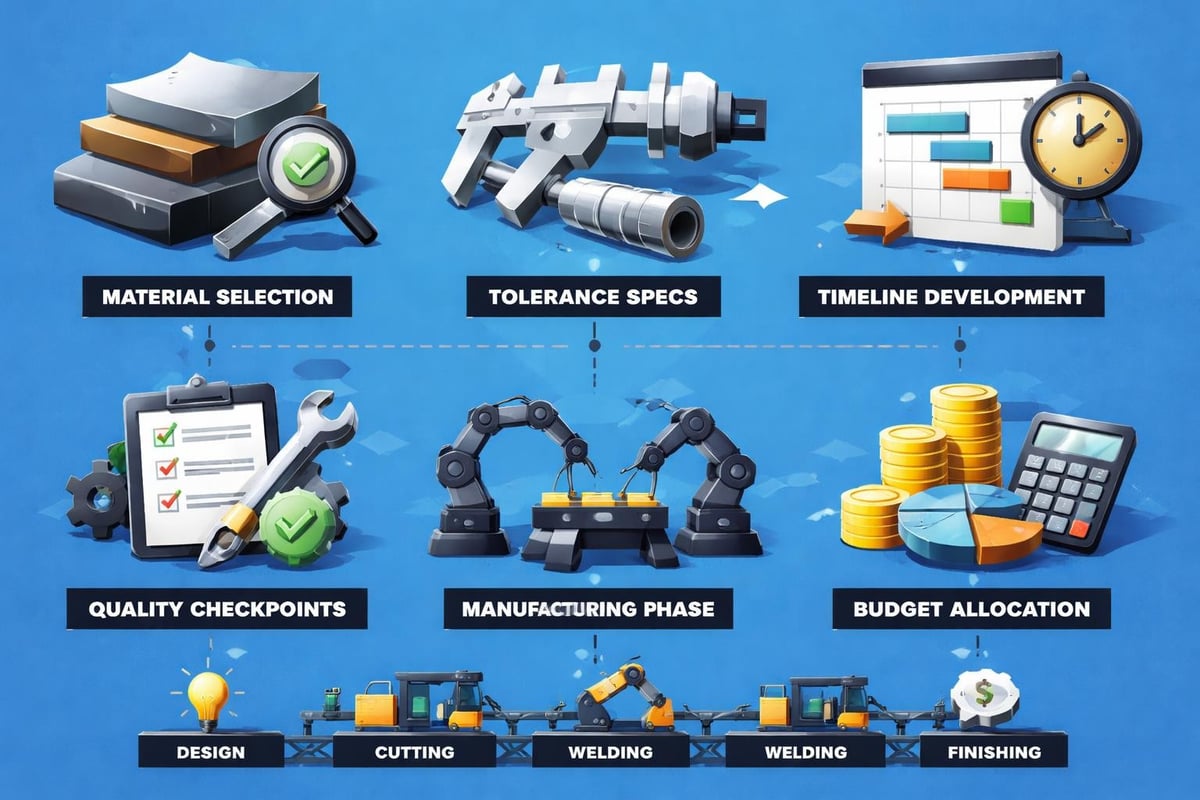 Illustration depicting key stages of metal fabrication projects, including material selection, tolerance specifications, timeline development, quality checkpoints, manufacturing phase, budget allocation, design, cutting, welding, and finishing.