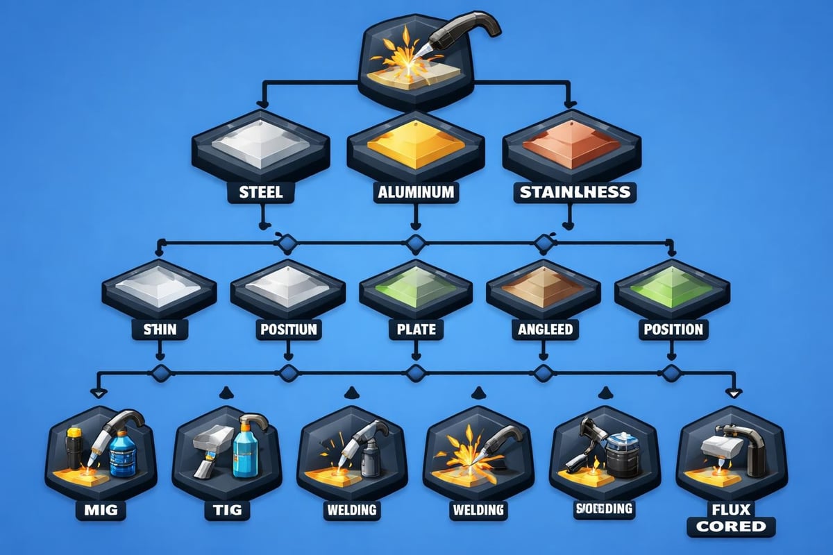 Welding process diagram illustrating MIG, TIG, and Flux-Cored methods for steel, aluminum, and stainless materials, highlighting different welding applications and positions.
