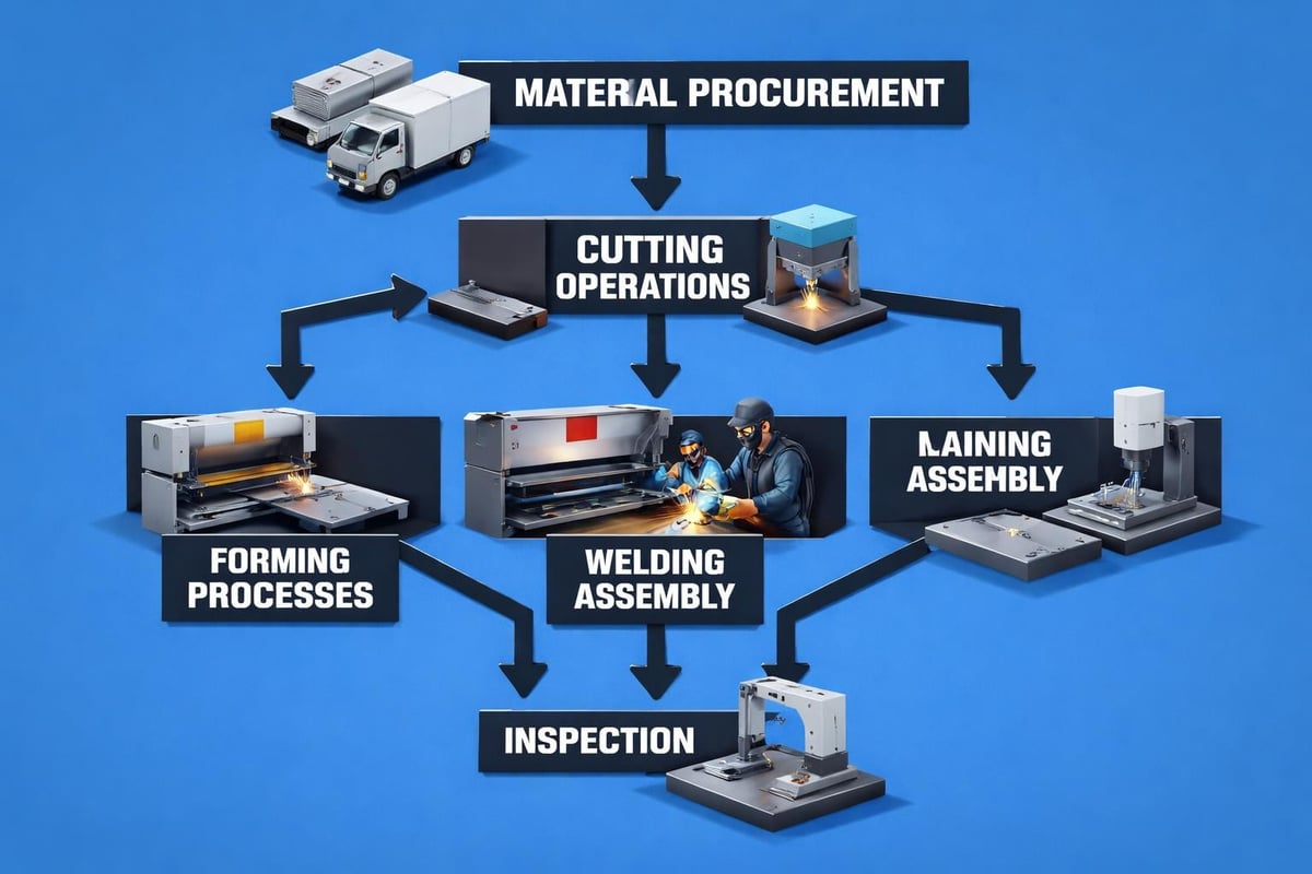 Flowchart illustrating metal fabrication processes, including material procurement, cutting operations, forming processes, welding assembly, and inspection, against a blue background.