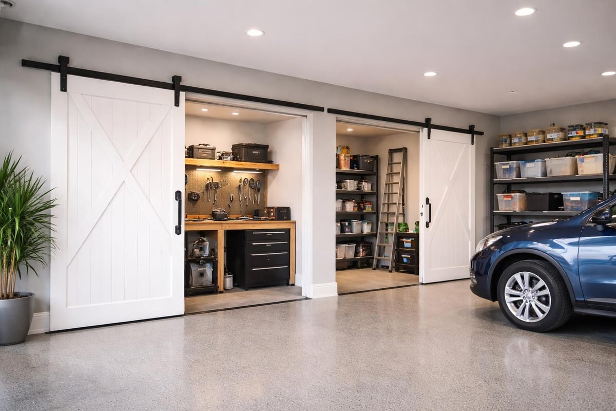 Garage space optimization with sliding barn doors