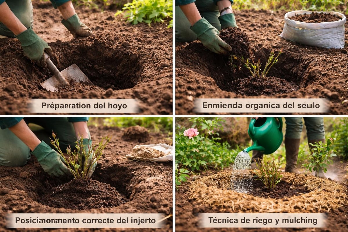 Proceso de plantación sostenible de rosas