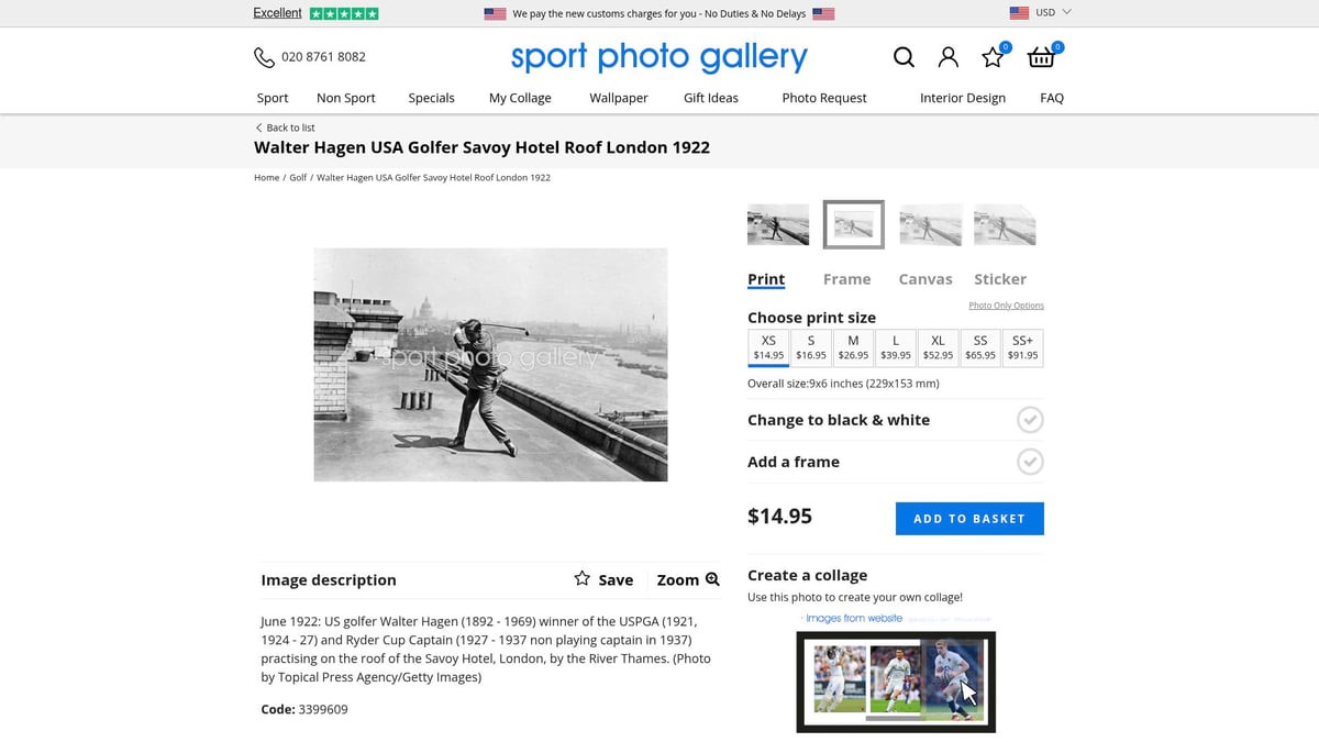 7 Must-Have Vintage Golf Prints to Elevate Your Space in 2026 - Walter Hagen USA Golfer Savoy Hotel Roof London 1922