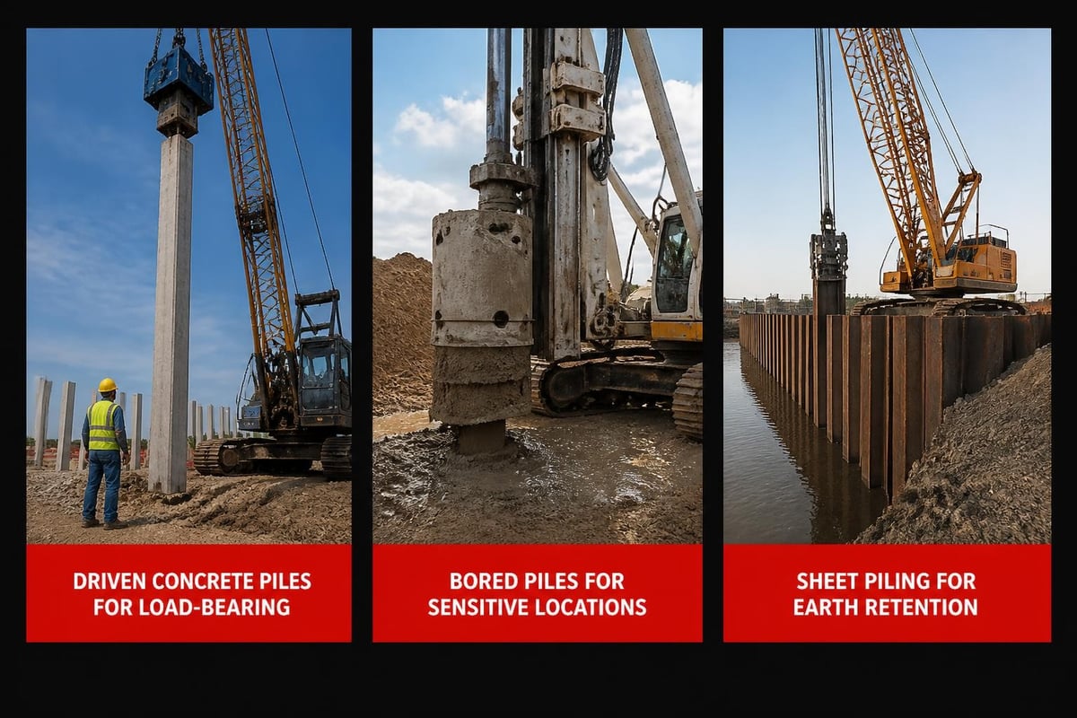 Comparison of driven piles, bored piles, and sheet piling methods