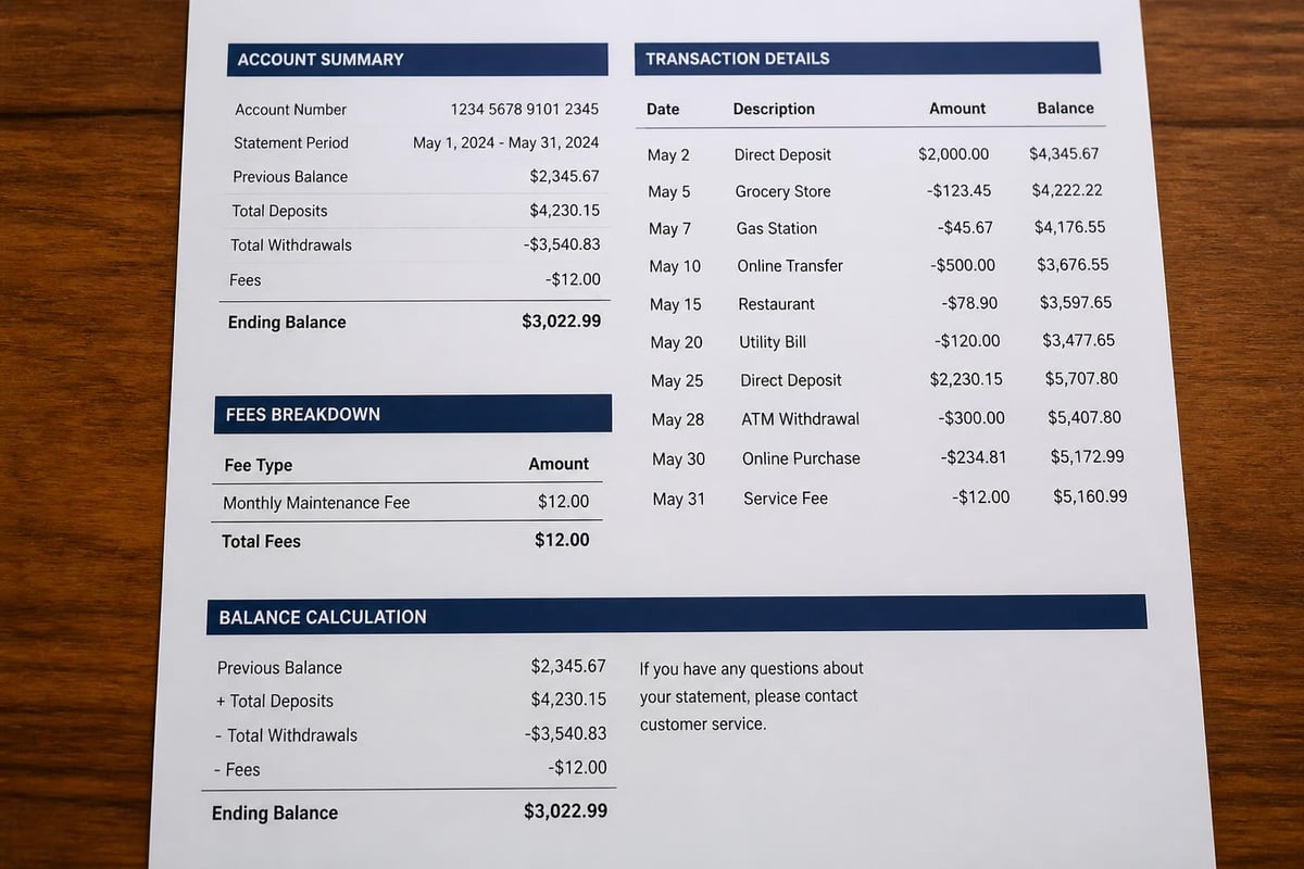 US Bank statement sections