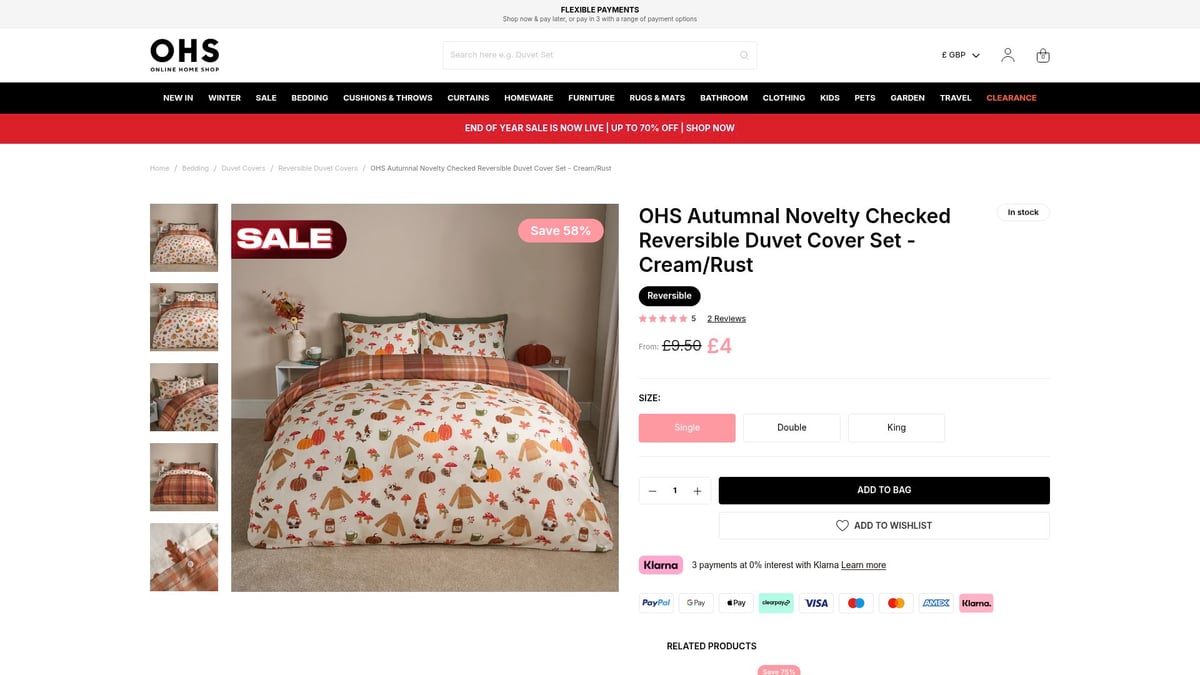 7 Cosy Autumn Duvet Cover Ideas to Transform Your Bedroom 2026 - OHS Autumnal Novelty Checked Reversible Duvet Cover Set – From £9.00
