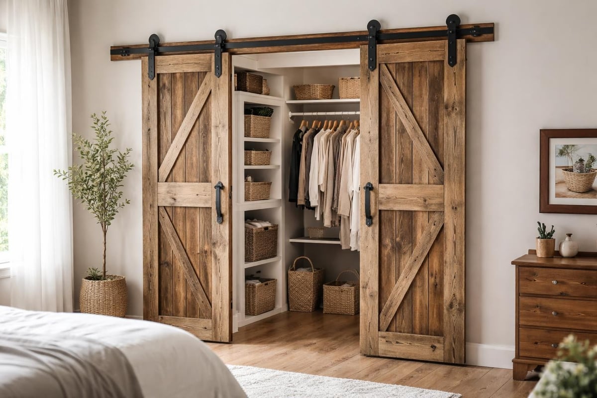 Farmhouse bedroom closet with bifold barn door