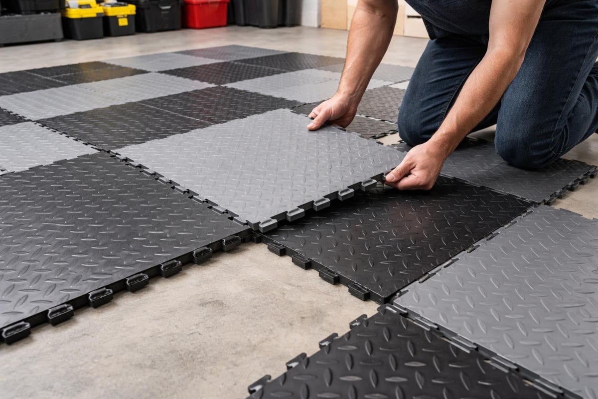 Modular garage flooring tile installation