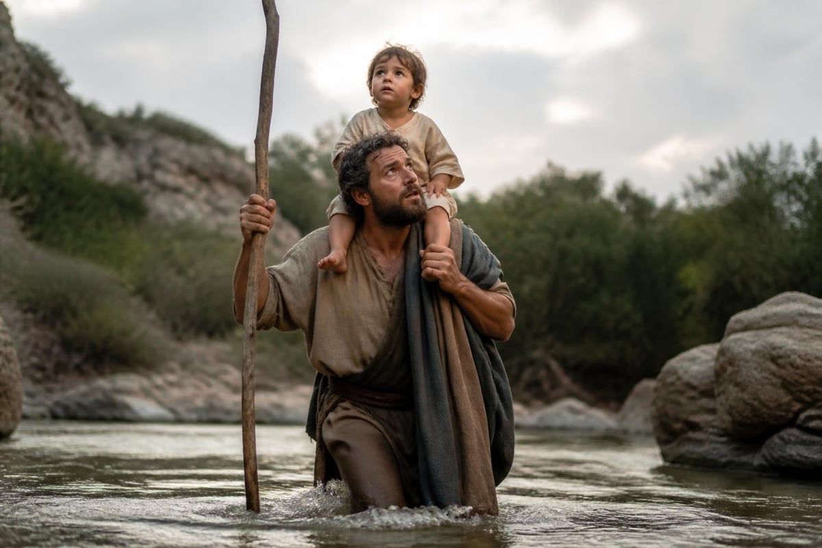 Saint Christopher carrying travelers across water