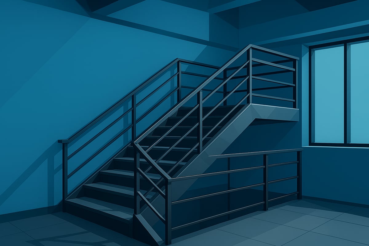 Custom metal staircase with railing in a minimalist commercial space, showcasing modern design elements and structural integrity.