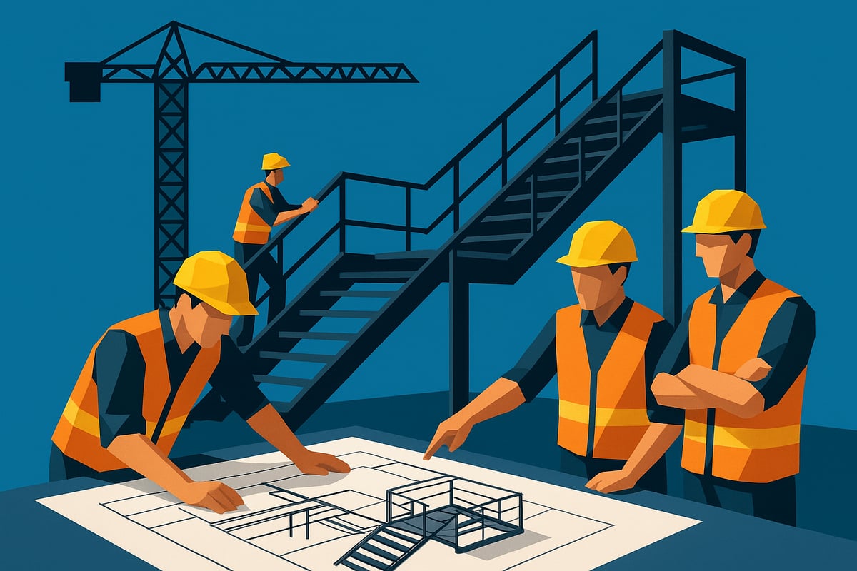 Construction workers in safety gear examining blueprints for custom metal stair and railing fabrication, with a staircase and crane in the background, emphasizing compliance and engineering solutions.
