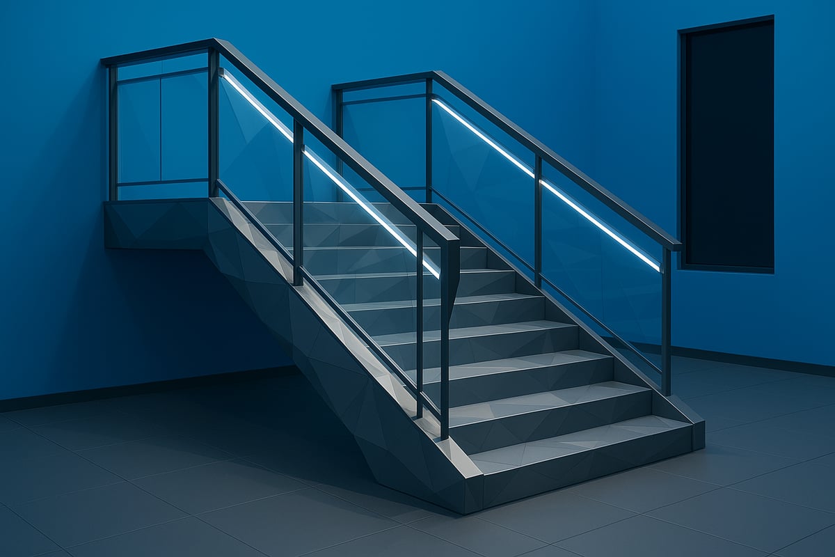 Modern metal staircase with geometric design and glass railing, illuminated with LED lighting, set against a blue wall, reflecting trends in commercial stair and railing fabrication.