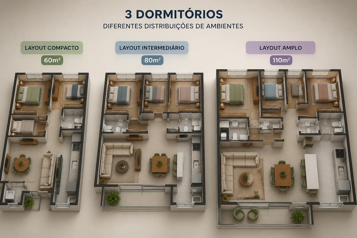 Layouts de apartamentos de 3 dormitórios