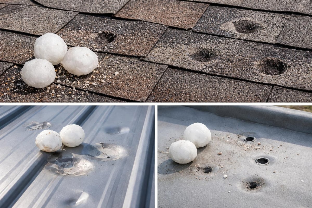 Hailstones on asphalt shingles and metal roofing, showcasing impact damage with dents and missing granules, illustrating storm damage assessment for roofing repair.