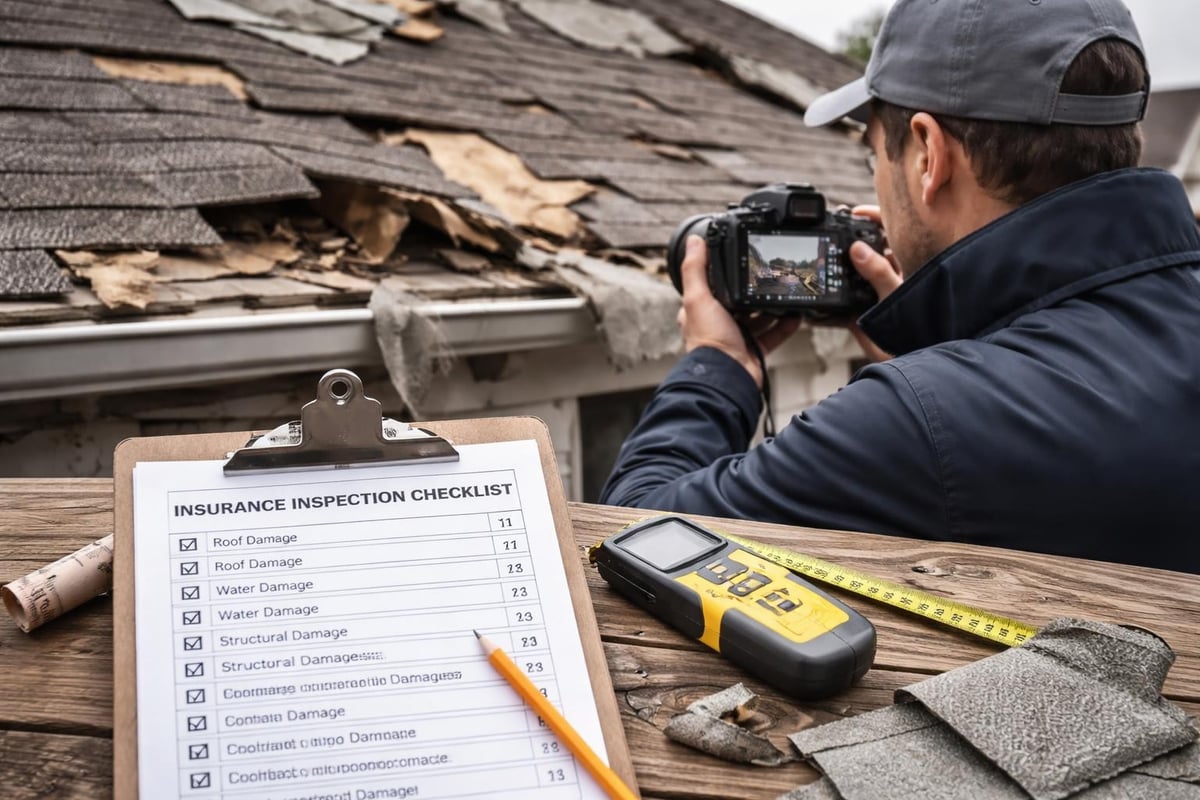 Professional inspector documenting roof damage with a camera, clipboard showing insurance inspection checklist, damaged shingles, and moisture meter on wooden surface.