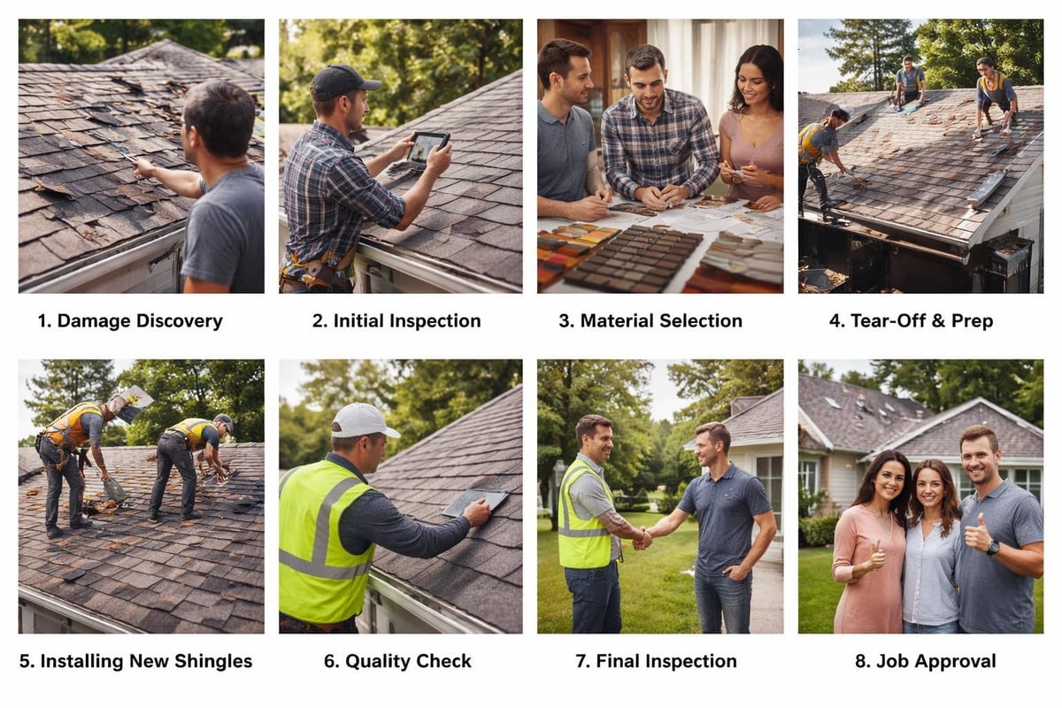 Image collage depicting roof repair process: damage discovery, initial inspection, material selection, tear-off and preparation, installing new shingles, quality check, final inspection, and job approval, showcasing teamwork and professional service in roof restoration.