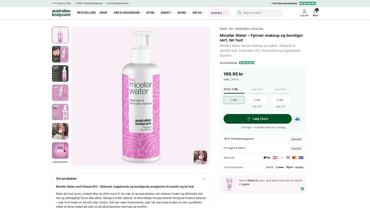 7 Bedste Micellar Water i 2026: Skånsom Rens for Alle Hudtyper - Australian Bodycare B12 Micellar Water