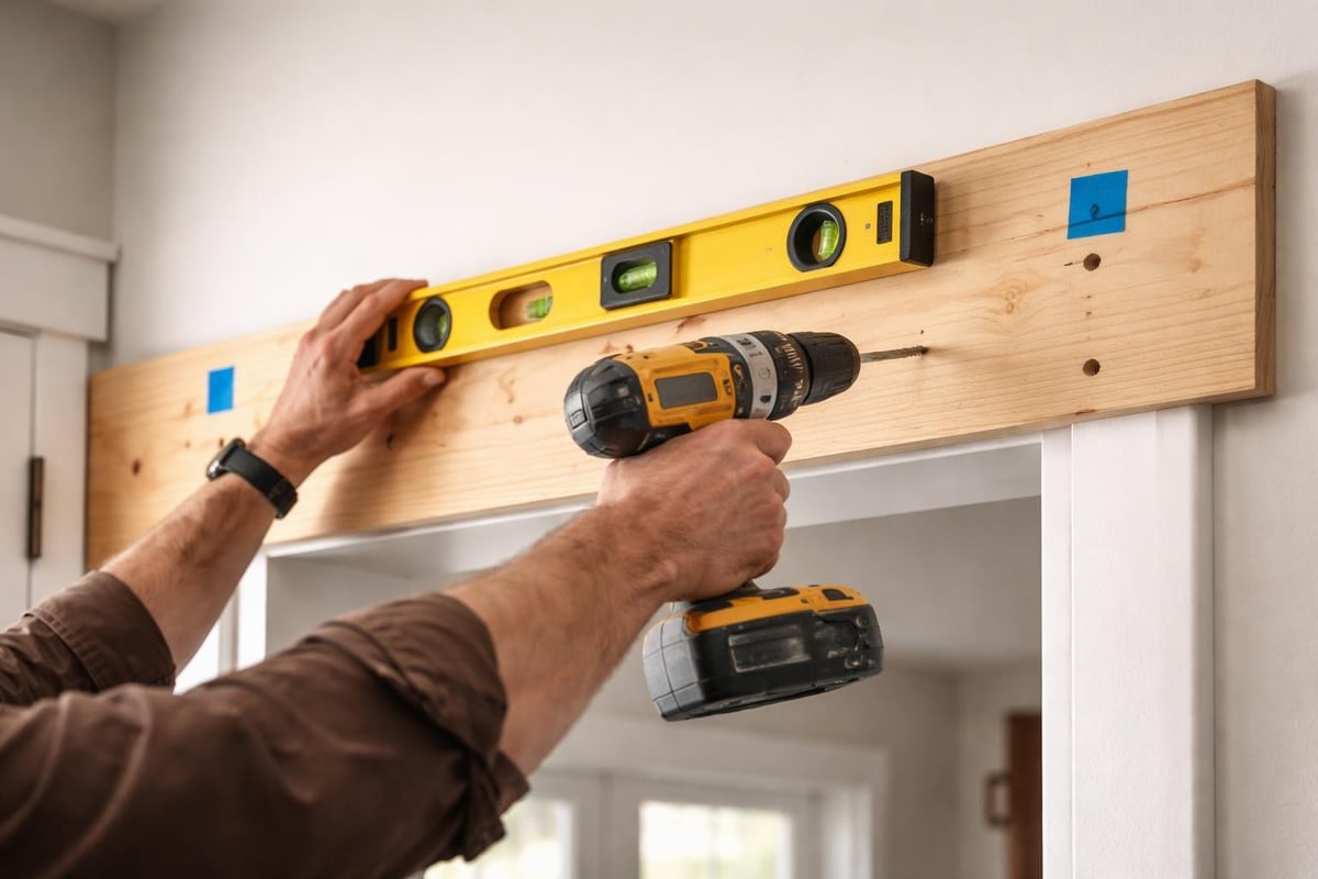 Barn door header board installation