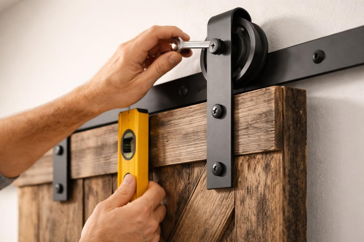 Barn door hardware adjustment