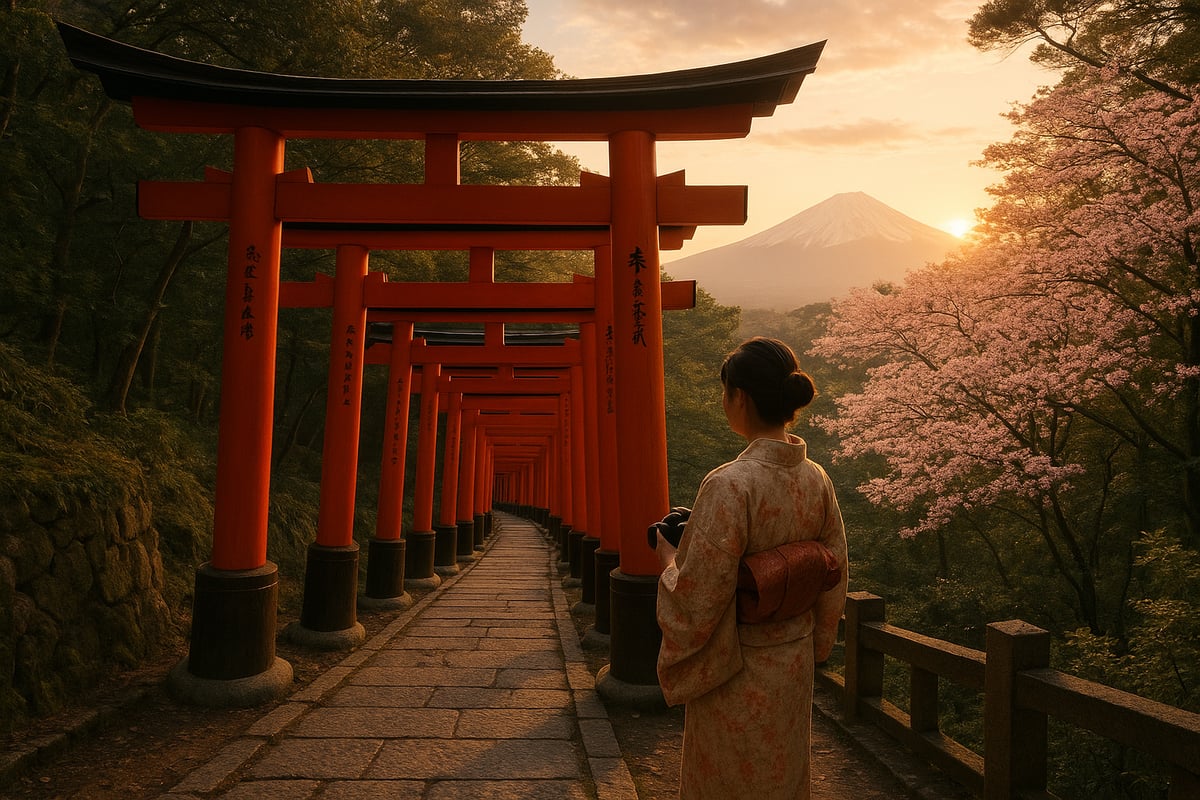 many "torii" shown in photo left side, and one women looked torii in cherry bloosm load.