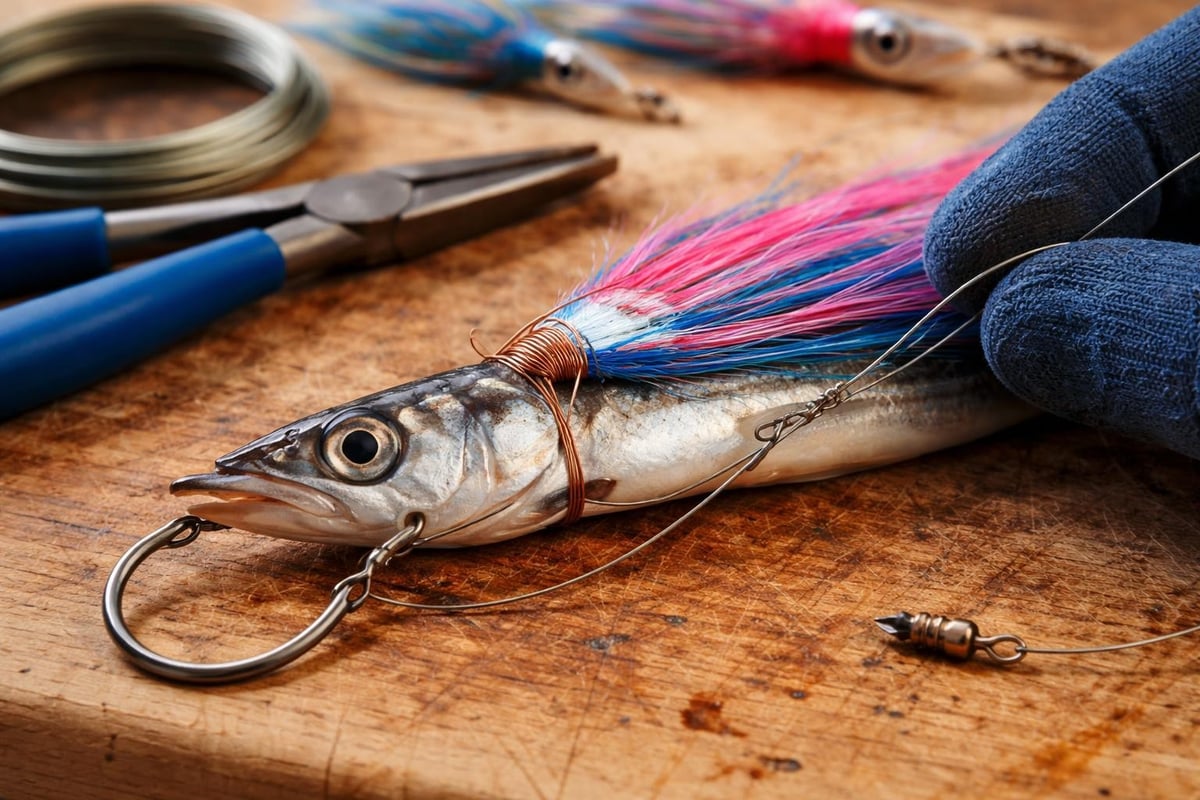 Skirted ballyhoo rigging components