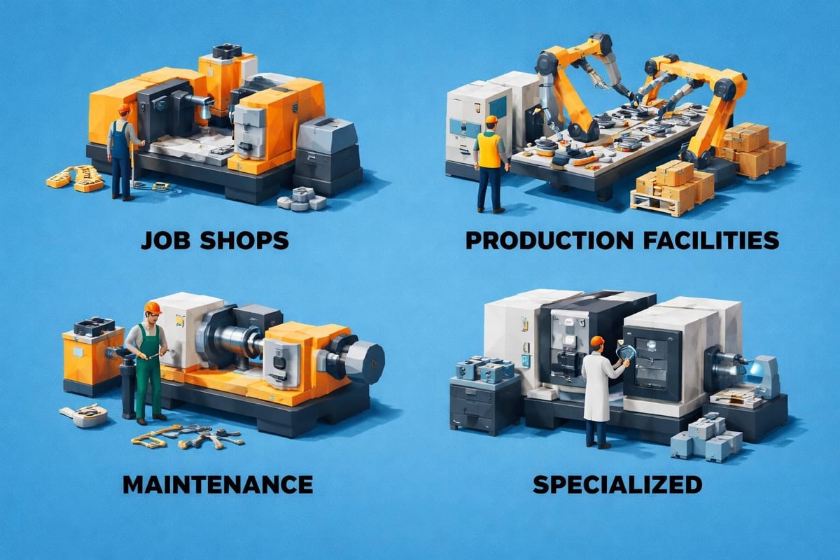 Job shops, production facilities, maintenance operations, and specialized machining services depicted in a colorful, stylized illustration showcasing diverse machining capabilities in the American manufacturing sector.