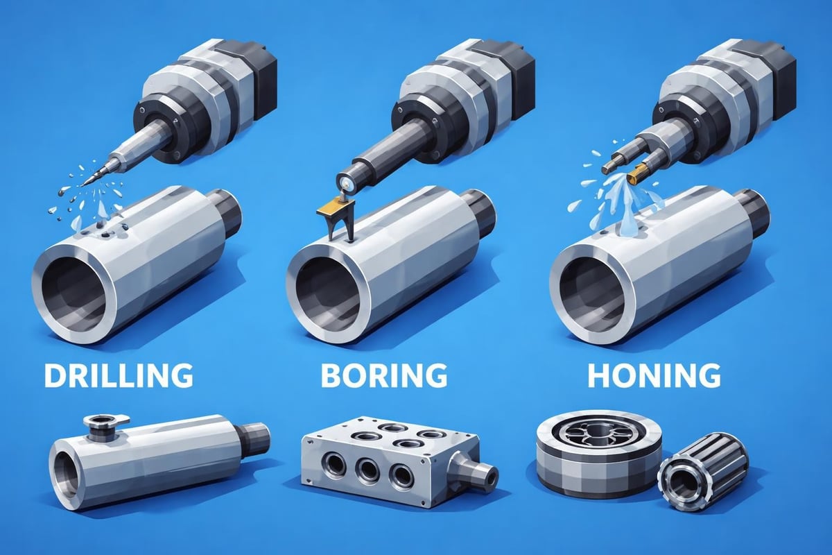 Illustration of machining processes: drilling, boring, and honing, showcasing precision tool operations on cylindrical components, relevant to industrial machining applications.