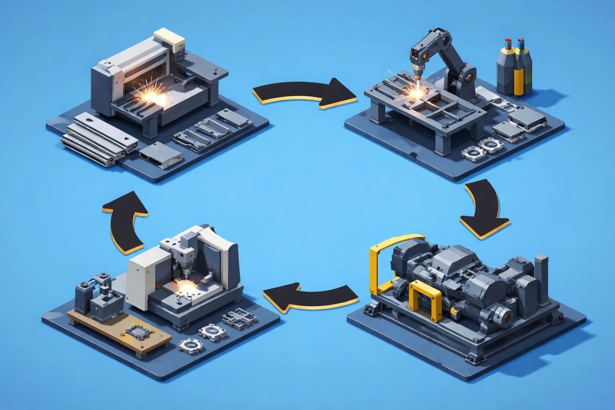 Illustration of a machining workflow featuring CNC milling, laser cutting, and assembly processes, emphasizing precision manufacturing and integration in industrial applications.
