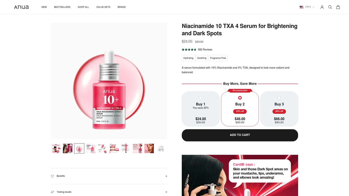 8 Viral Korean Skincare Products Taking Over in 2026 - Anua 10% Niacinamide + 4% TXA Dark Spot Correcting Serum