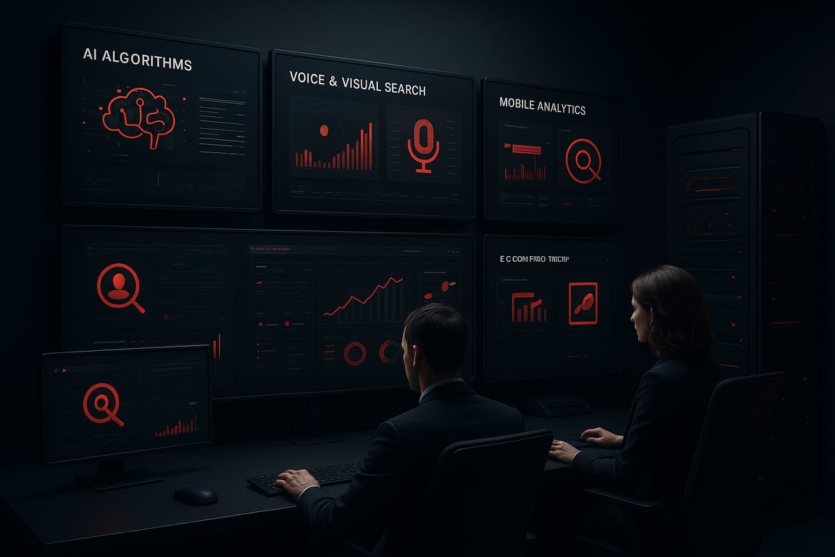 Two people in a dark room monitoring data on multiple computer screens, red graphics on black backgrounds.