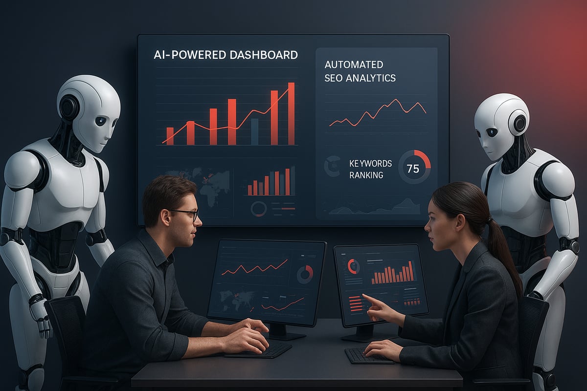 Two people discuss data with robot assistants. Graphs and data displays in a dark room.