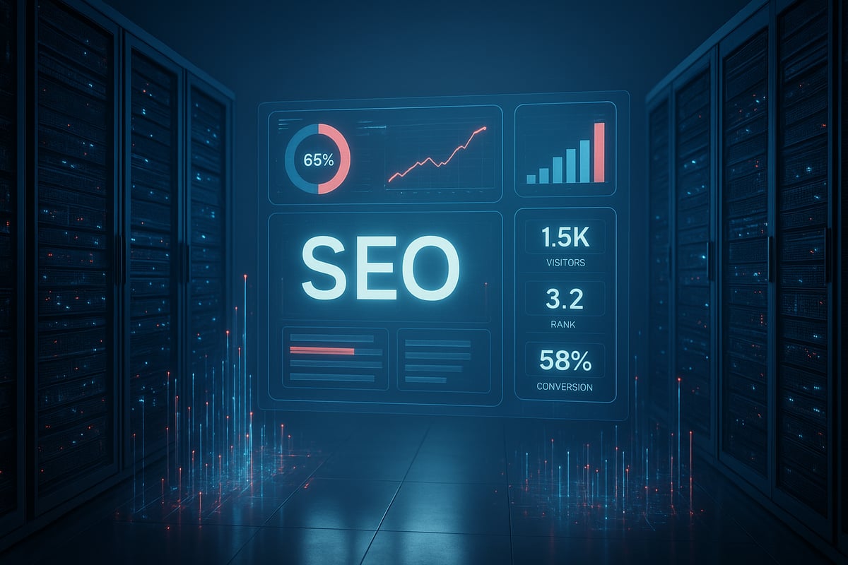 SEO displayed on a futuristic screen in a server room, showcasing data visualizations in blue tones.