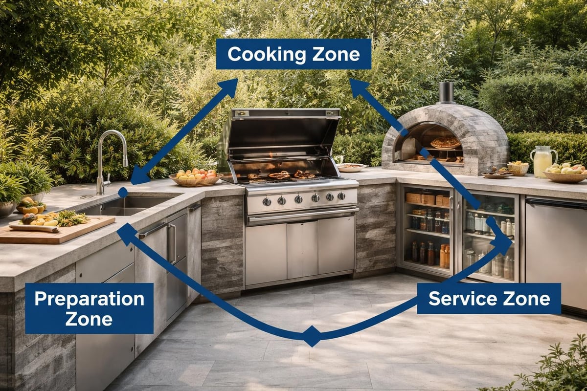 White outdoor kitchen functional zones