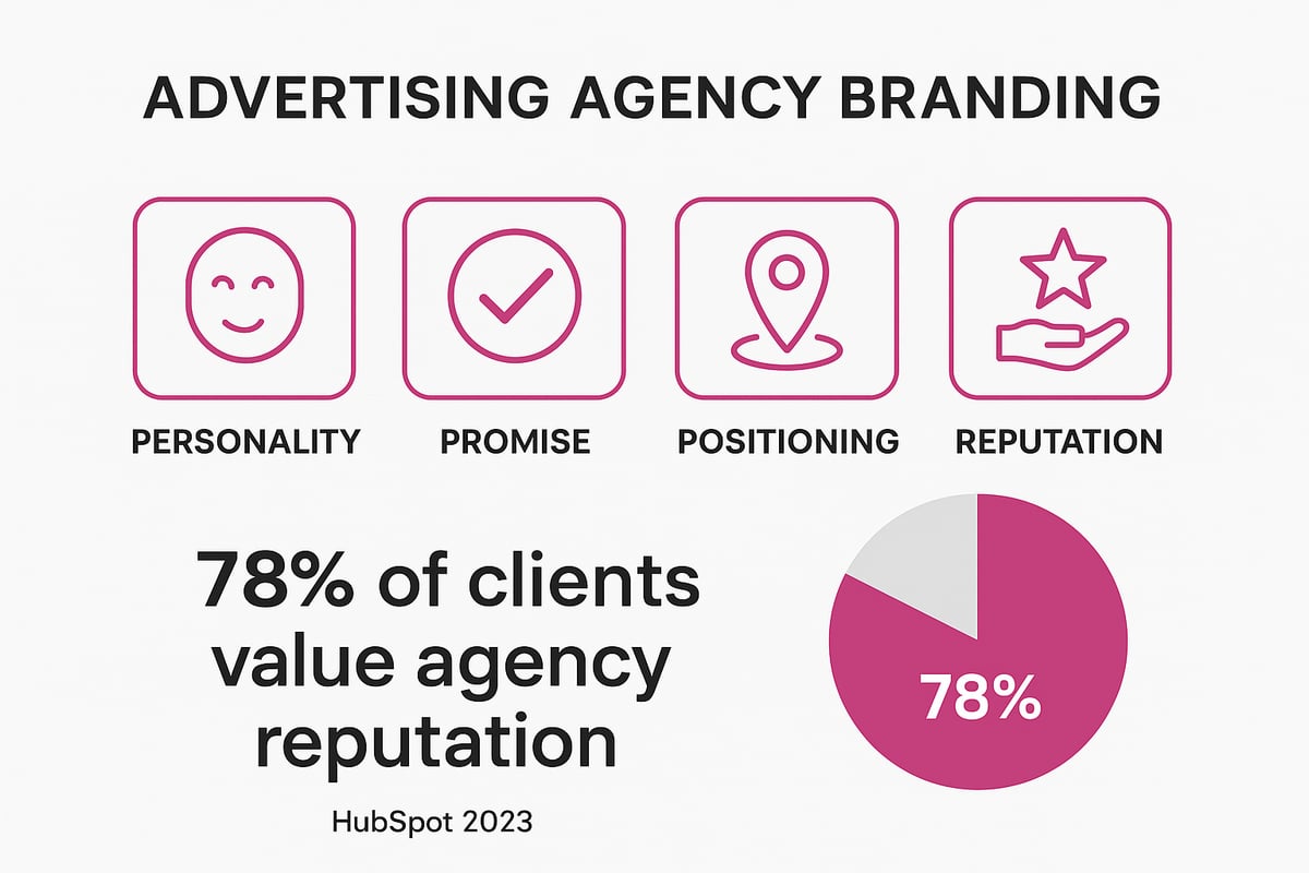 Advertising agency branding infographic highlighting core elements: personality, promise, positioning, and reputation, with a statistic stating 78% of clients value agency reputation, sourced from HubSpot 2023.