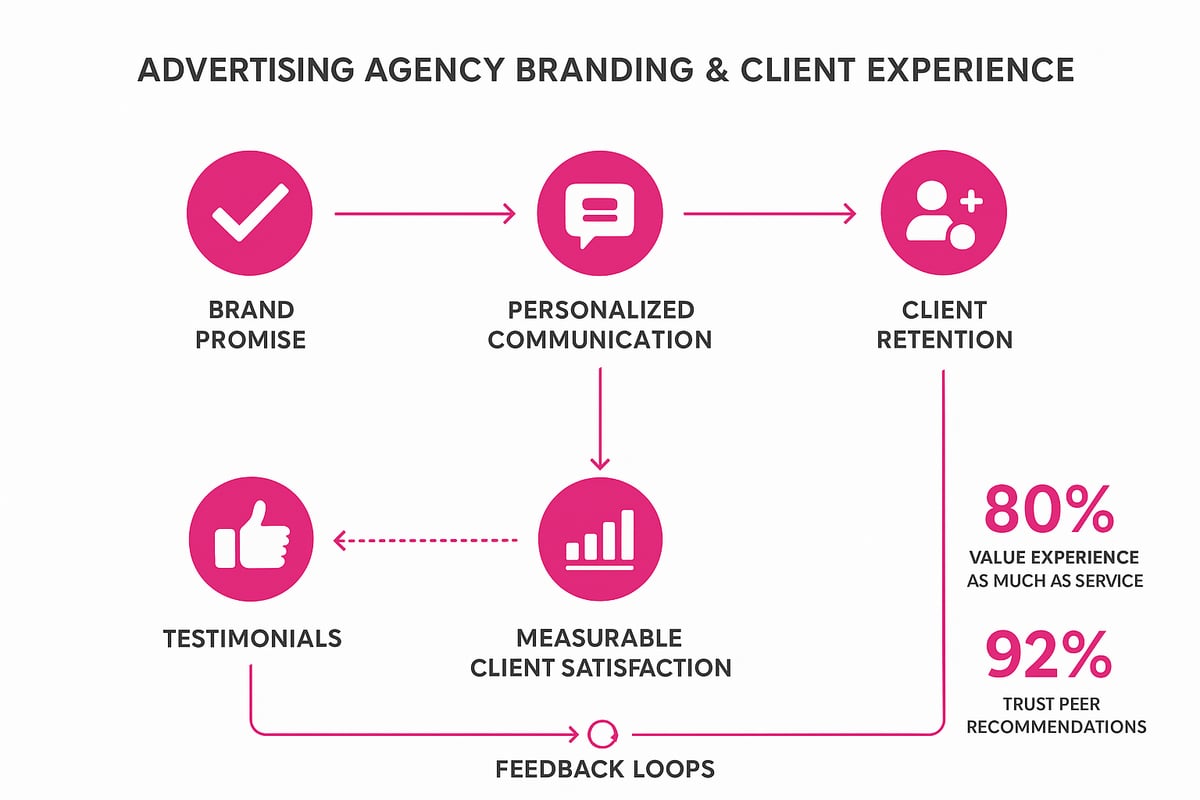Infographic illustrating the relationship between advertising agency branding and client experience, featuring elements like brand promise, personalized communication, client retention, testimonials, measurable client satisfaction, and feedback loops, with statistics highlighting the value of experience and trust in peer recommendations.