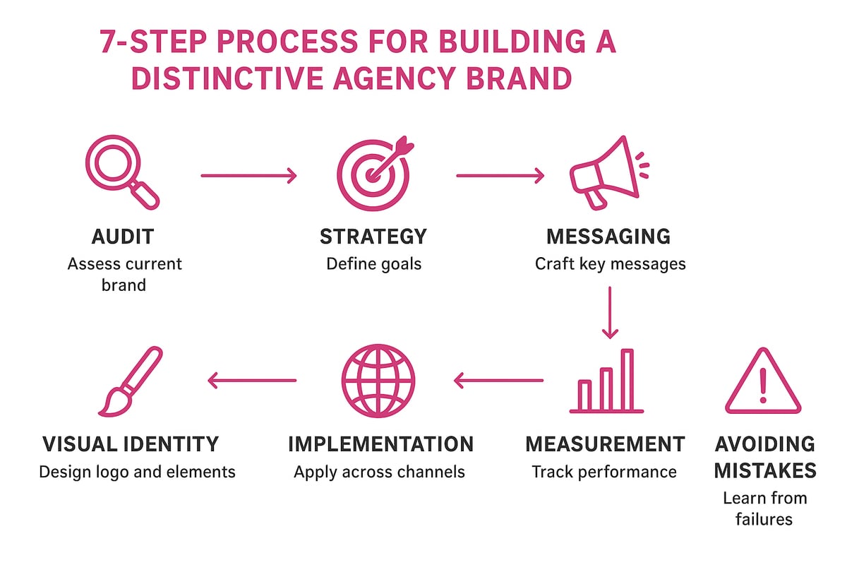 7-step process infographic for building a distinctive agency brand, featuring sections on audit, strategy, messaging, visual identity, implementation, measurement, and avoiding mistakes.