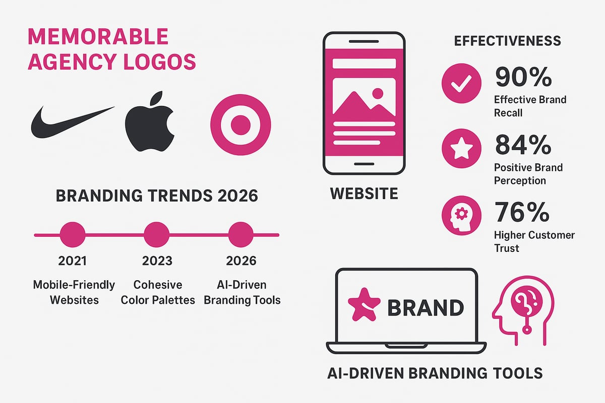Infographic illustrating memorable agency logos like Nike, Apple, and Target, alongside branding trends for 2026, featuring statistics on effective brand recall, positive brand perception, and customer trust, emphasizing the importance of visual identity in advertising agency branding.