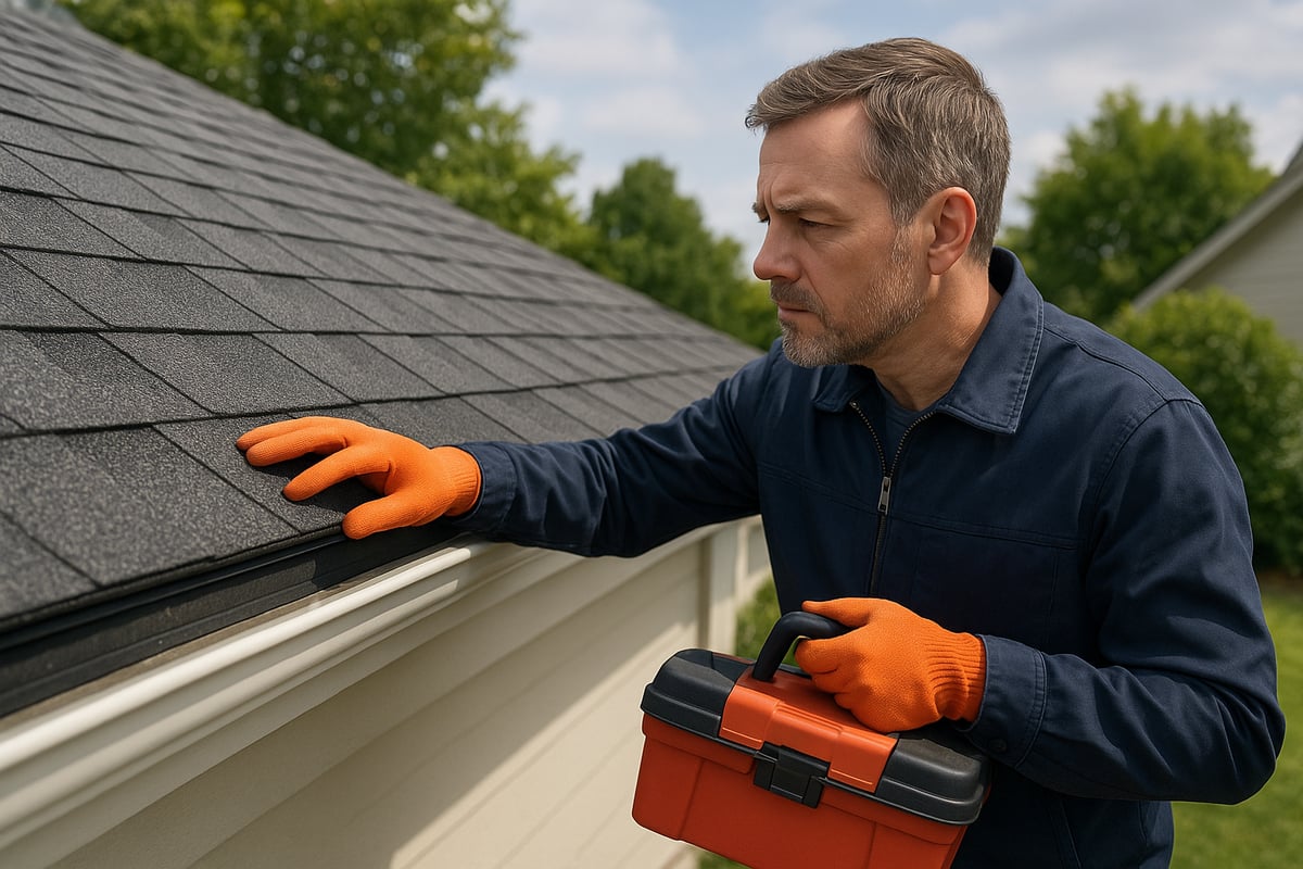 Man inspecting roof shingles for damage, wearing orange gloves and holding a toolbox, emphasizing proactive maintenance for storm damage prevention.