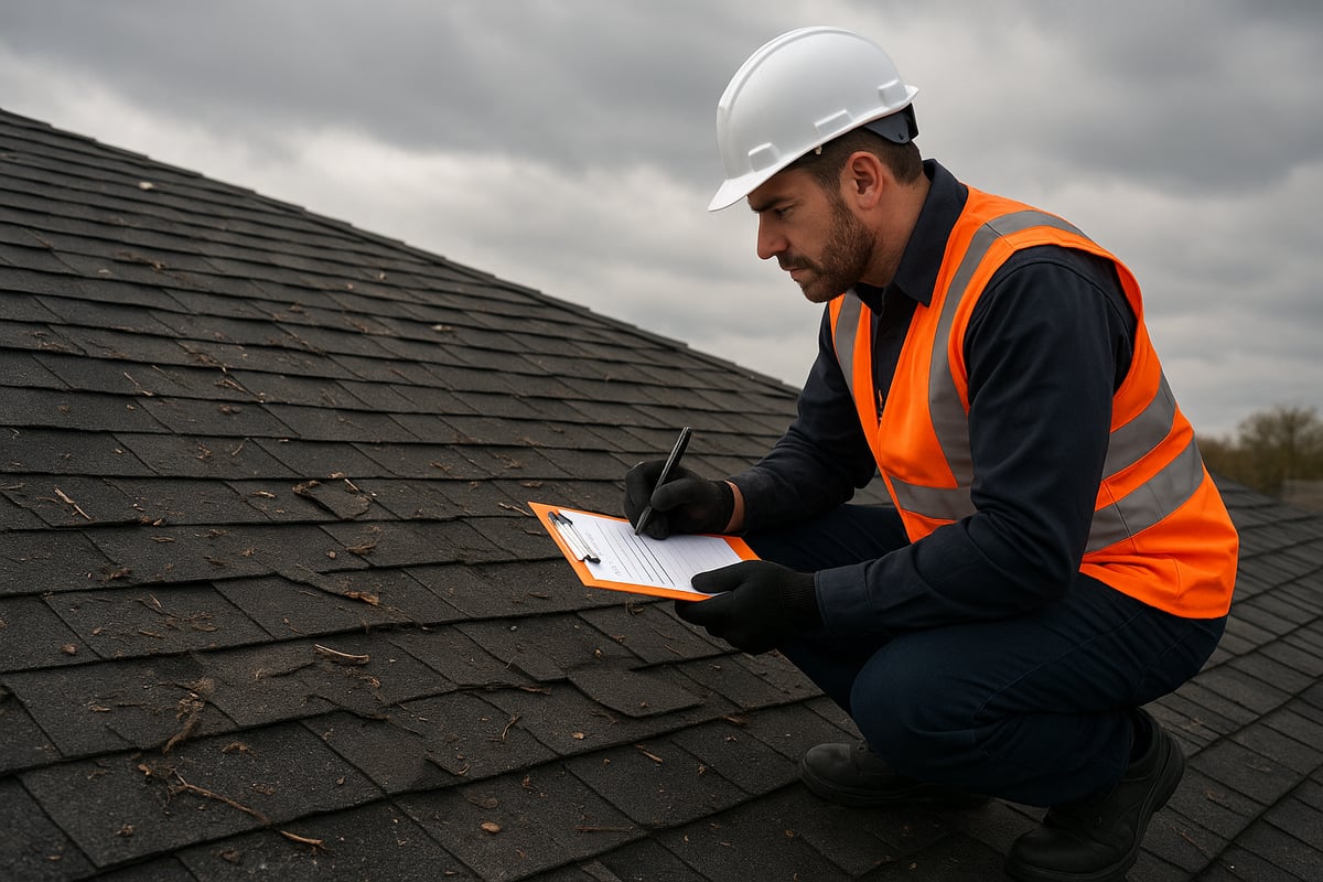 Professional roofing inspector wearing a hard hat and safety vest, crouched on a roof, examining shingles and taking notes on an inspection clipboard after a storm.