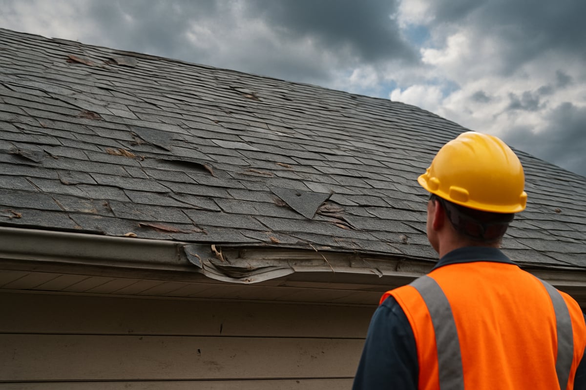 Roof inspection by a worker in a hard hat and safety vest, examining storm-damaged shingles with visible wear and tear under a cloudy sky, emphasizing the importance of identifying roof damage after severe weather.