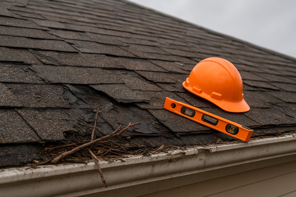 High-quality photograph of a roof showing damaged shingles, with an orange hard hat and level tool placed on the surface, emphasizing the need for roof inspections after storm damage.