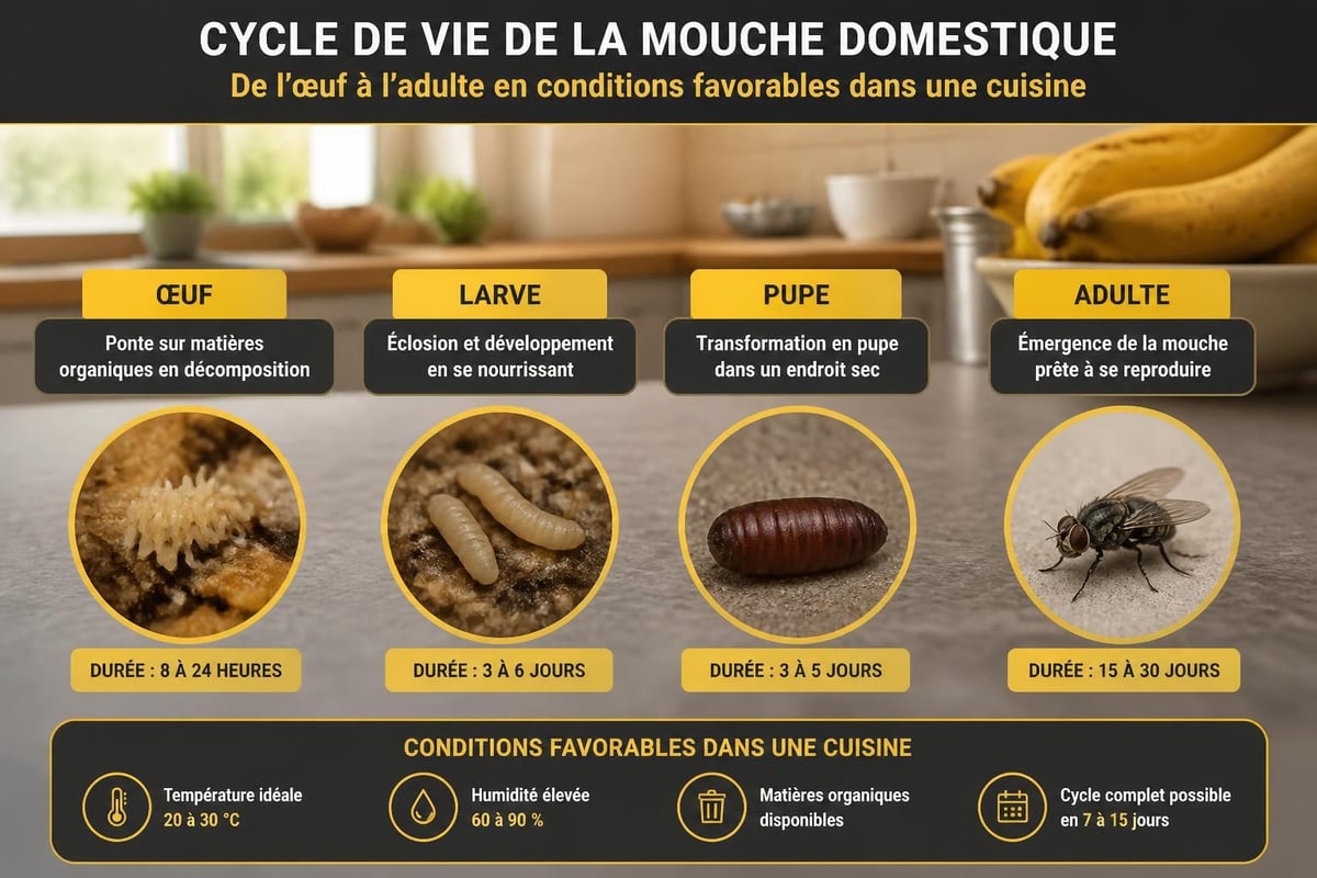 Cycle de vie des mouches en cuisine