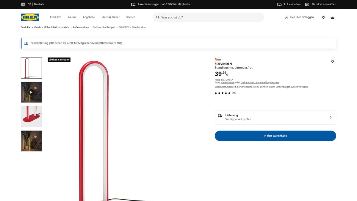 9 Ikea Produkte, Die Dein Zuhause 2026 Verwandeln - SOLVINDEN Standleuchte, dimmbar/rot – 39,99 €