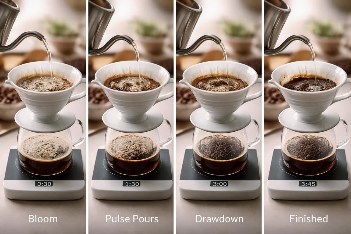V60 pour-over brewing stages