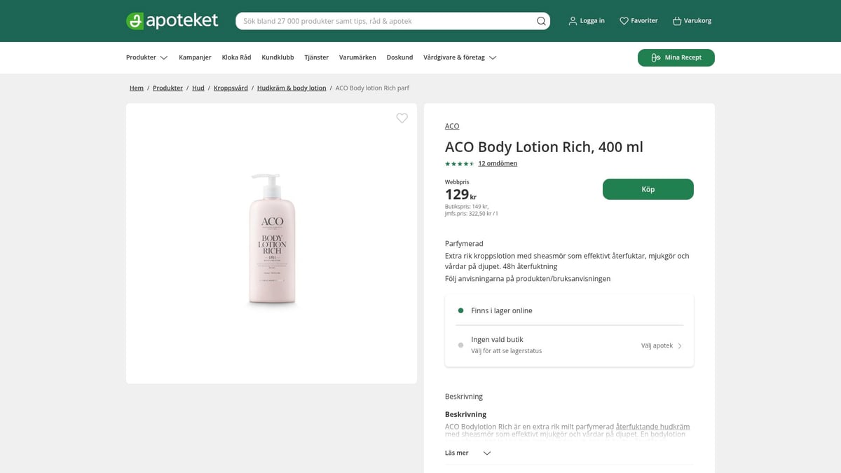 7 parasta voidetta kuivalle iholle 2026 – parhaat vinkit silkinpehmeään ihoon - ACO Body Lotion Rich, 400 ml – edullinen kosteuspommi päivittäiseen käyttöön