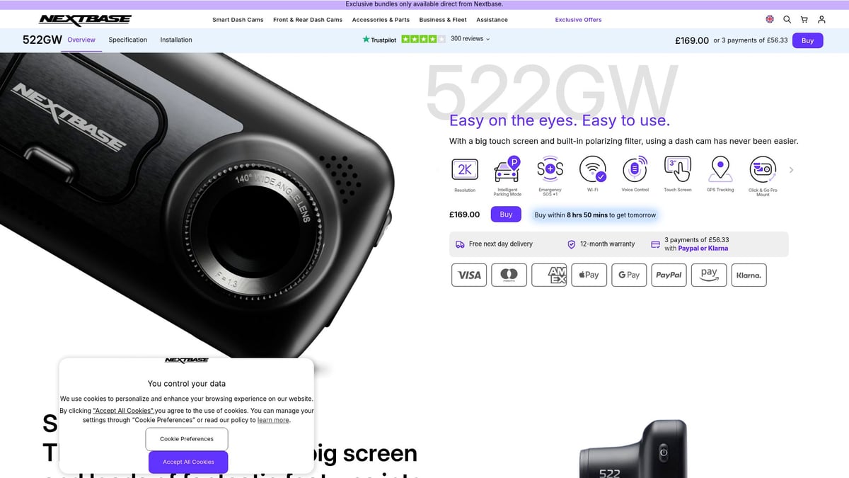 7 Produtos Para Carro Essenciais Para 2025 - Nextbase 522GW Dash Cam