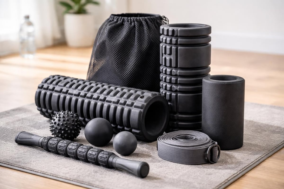 Components of a complete foam roller recovery kit