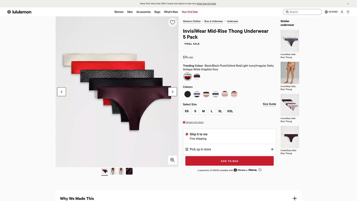 8 Breathable Underwear Women Will Love for Comfort in 2026 - lululemon InvisiWear Mid Rise Thong Underwear